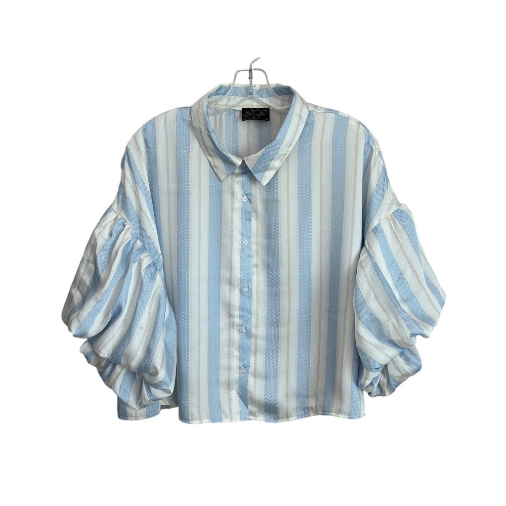 Milk & Honey Blue White Striped Puff Sleeve Button Up Blouse Top XL 41877T-3